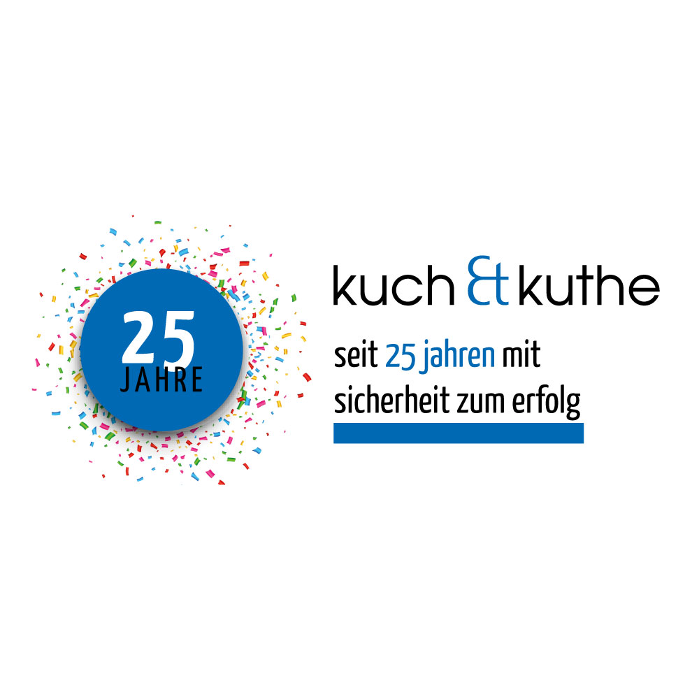 Logo Kuch-Kuthe mit 25-Jahre-Knopf und Claim "seit 25 Jahren mit Sicherheit zum Erfolg"